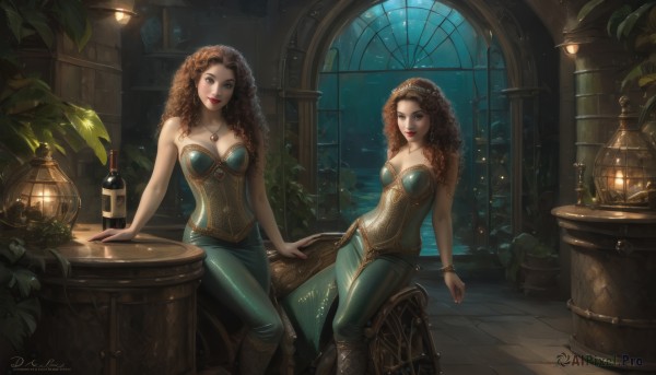 long hair,breasts,looking at viewer,smile,blue eyes,multiple girls,brown hair,2girls,cleavage,bare shoulders,brown eyes,jewelry,medium breasts,sitting,earrings,boots,pants,artist name,indoors,signature,necklace,bracelet,dated,cup,lips,book,bare arms,window,strapless,makeup,night,siblings,leaf,chair,table,bottle,plant,lipstick,sisters,corset,pendant,alcohol,curly hair,lantern,fantasy,tiles,red lips,glass,potted plant,lamp,candle,tile floor,big hair,stool,green pants,wine bottle,barrel,closed mouth,parted lips,sky,arm support,watermark,tiara,gem,star (sky),night sky,web address,wooden floor,bangle,vines,bustier,ivy