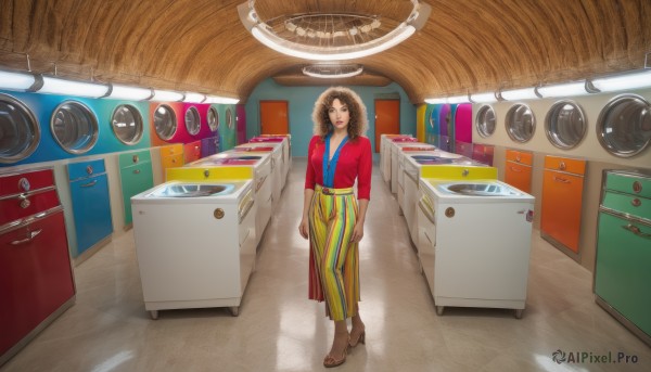 1girl,solo,long hair,breasts,looking at viewer,brown hair,shirt,cleavage,brown eyes,jewelry,standing,full body,barefoot,striped,belt,pants,indoors,lips,sandals,red shirt,vertical stripes,curly hair,arms at sides,kitchen,striped pants,afro,yellow pants,washing machine,open mouth,high heels,shadow,brown footwear,wide shot