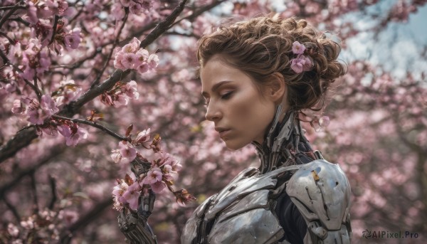 1girl, solo, short hair, brown hair, hair ornament, closed eyes, upper body, flower, day, hair flower, blurry, from side, tree, lips, profile, cherry blossoms, realistic, nose, branch, cyborg