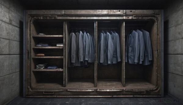 jacket,indoors,no humans,box,scenery,mirror,door,tiles,tile floor,still life,sink,clothes,shirt,wooden floor,realistic,cabinet,washing machine