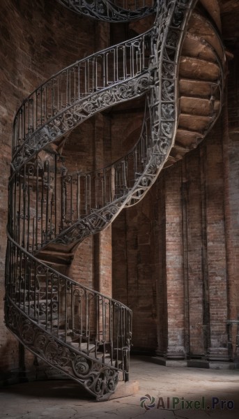 solo,1boy,standing,male focus,shadow,scenery,stairs,pillar,cage,arch,gate,birdcage,indoors,no humans,railing,wall,architecture,brick wall,column,stone floor,brick floor