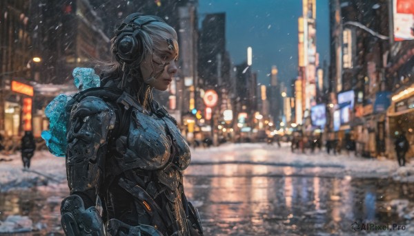 1girl,solo,breasts,short hair,medium breasts,upper body,white hair,outdoors,dark skin,armor,blurry,from side,dark-skinned female,lips,bodysuit,night,depth of field,blurry background,facial mark,building,snow,reflection,science fiction,rain,snowing,city,road,street,power armor,city lights,cyberpunk,closed mouth,closed eyes,sky,solo focus,hair bun,profile,headphones,sign,cityscape,cyborg,crowd,road sign,crosswalk,hologram