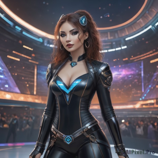 1girl,solo,long hair,breasts,looking at viewer,blue eyes,large breasts,brown hair,hair ornament,gloves,cleavage,jewelry,medium breasts,standing,ponytail,cowboy shot,earrings,parted lips,solo focus,choker,black gloves,belt,pants,artist name,fingerless gloves,mole,blurry,lips,bodysuit,makeup,blurry background,black pants,lipstick,eyeshadow,science fiction,hoop earrings,realistic,nose,black bodysuit,red lips,eyeliner,necklace,nail polish,bracelet,grey eyes,watermark,skin tight,web address,backlighting,patreon username