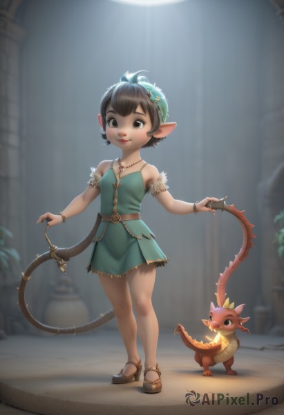 1girl,solo,breasts,looking at viewer,smile,short hair,skirt,brown hair,black hair,hair ornament,dress,holding,bare shoulders,brown eyes,jewelry,closed mouth,standing,tail,full body,weapon,small breasts,shoes,sleeveless,pointy ears,belt,necklace,blurry,black eyes,bracelet,lips,blurry background,short dress,sandals,plant,green skirt,child,armlet,pendant,green dress,female child,bangle,vines,hat,fire,mary janes,walking