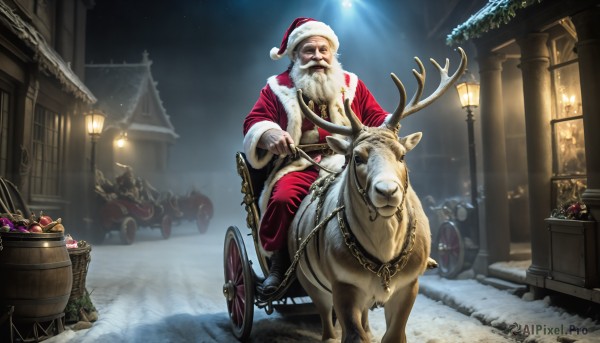 HQ,solo,1boy,hat,sitting,white hair,male focus,outdoors,food,sky,night,facial hair,chain,animal,building,christmas,beard,snow,santa hat,santa costume,lantern,snowing,realistic,mustache,riding,antlers,house,old,lamppost,horse,old man,chimney,reindeer,reins,jewelry,necklace,collar,fur trim,bell,night sky,light,lamp,sack,barrel,cart