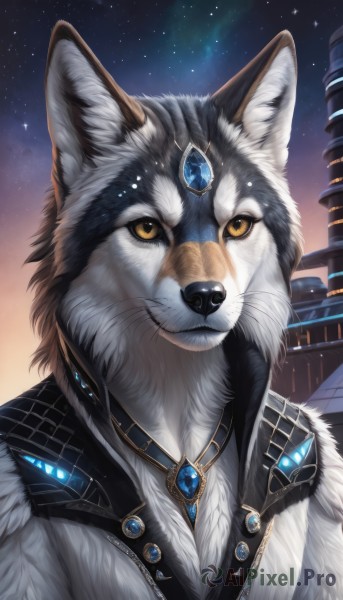 solo,1boy,animal ears,jewelry,closed mouth,yellow eyes,upper body,male focus,outdoors,sky,artist name,no humans,night,animal,looking up,brooch,building,gem,portrait,star (sky),night sky,furry,starry sky,colored sclera,dog,furry male,animal focus,white fur,blue gemstone,red gemstone,green gemstone,looking at viewer,necklace,fur trim,wolf