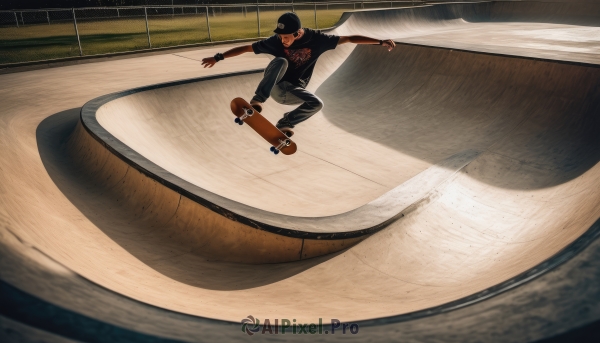 solo,short hair,shirt,black hair,1boy,hat,short sleeves,male focus,shoes,pants,dark skin,black shirt,black headwear,black pants,outstretched arms,t-shirt,wristband,sneakers,baseball cap,photo background,balancing,skateboard,gloves,facial hair,sunglasses,sportswear,realistic,baseball bat,baseball