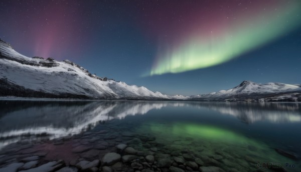 outdoors,sky,water,no humans,night,star (sky),night sky,scenery,snow,starry sky,reflection,rock,mountain,river,landscape,lake,aurora,milky way