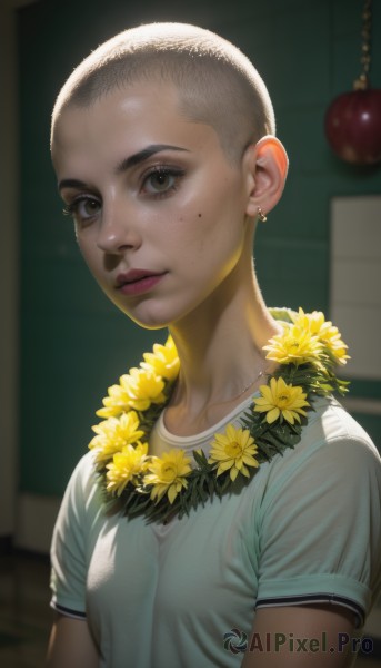 1girl,solo,breasts,looking at viewer,short hair,shirt,black hair,brown eyes,jewelry,closed mouth,white shirt,upper body,flower,short sleeves,earrings,small breasts,indoors,dark skin,necklace,mole,blurry,lips,mole under eye,blurry background,t-shirt,freckles,realistic,yellow flower,nose,very short hair,buzz cut,underwear,collarbone,bra,see-through,eyelashes,makeup,mole on cheek