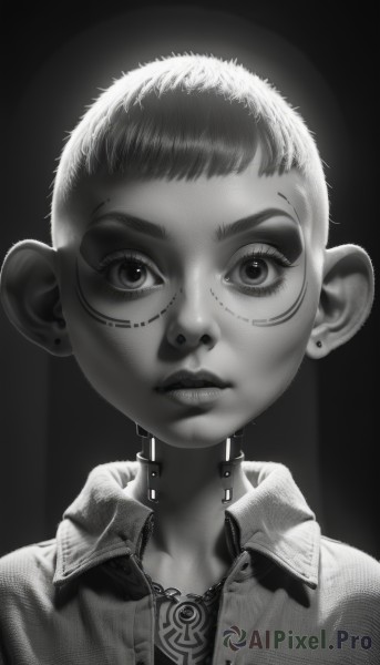 solo,looking at viewer,short hair,simple background,shirt,1boy,jewelry,closed mouth,monochrome,upper body,greyscale,male focus,earrings,collared shirt,necklace,lips,tattoo,piercing,black background,ear piercing,portrait,realistic,stud earrings,very short hair,cyborg,neck tattoo,child,male child