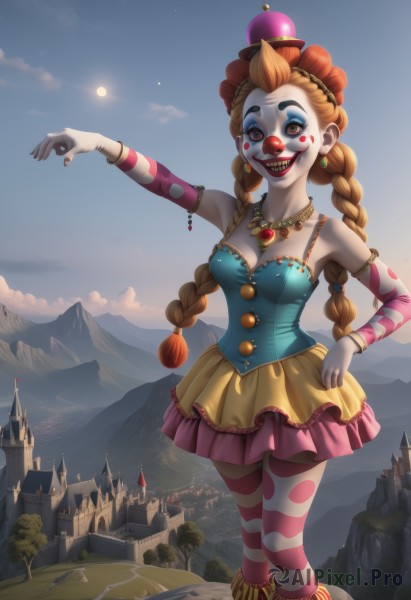 A clown surrounded by a serene day