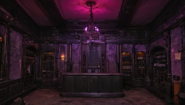 sky,indoors,book,dutch angle,no humans,window,night,building,scenery,stairs,door,bookshelf,candle,library,purple sky,glowing,bottle,fire,fantasy,candlestand,chandelier