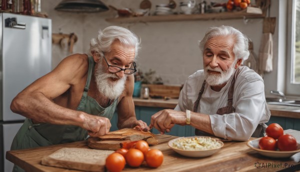 smile,open mouth,shirt,long sleeves,closed eyes,white shirt,white hair,male focus,food,multiple boys,glasses,day,indoors,2boys,blurry,apron,window,leaning forward,fruit,blurry background,facial hair,table,knife,beard,black-framed eyewear,watch,mature male,realistic,round eyewear,mustache,apple,basket,wristwatch,old,chest hair,old man,cooking,kitchen,tomato,frying pan,arm hair,sink,green apron,wrinkled skin,cutting board,holding,bare shoulders,closed mouth,looking at another,bare arms,depth of field,scar,tank top,sleeves rolled up,bowl,holding knife,overalls,rice,egg,counter