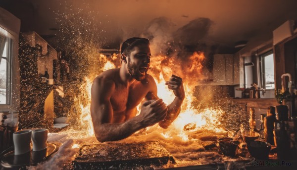 solo,smile,short hair,black hair,1boy,male focus,indoors,cup,window,muscular,facial hair,bottle,fire,muscular male,beard,realistic,manly,explosion,chest hair,burning,open mouth,closed eyes,nude,multiple boys,water,parody,clenched hand,partially submerged,bathing,bath,splashing,bathtub,kitchen,sink,fine art parody,faucet,destruction