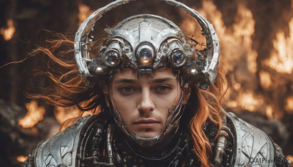 1girl,solo,long hair,looking at viewer,brown hair,brown eyes,closed mouth,upper body,signature,orange hair,armor,mole,blurry,black eyes,lips,floating hair,blurry background,helmet,fire,portrait,science fiction,realistic,power armor,depth of field,headgear,expressionless,nose