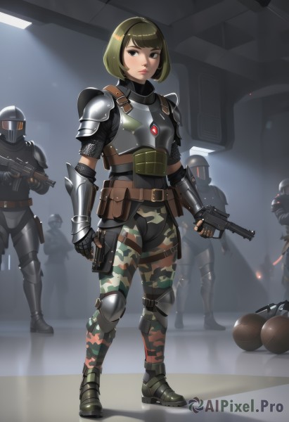 1girl,looking at viewer,short hair,brown hair,gloves,holding,standing,full body,weapon,boots,green hair,multiple boys,solo focus,black gloves,belt,pants,fingerless gloves,holding weapon,armor,uniform,black eyes,lips,gun,military,military uniform,bob cut,helmet,shoulder armor,gauntlets,holding gun,rifle,handgun,science fiction,pauldrons,pouch,breastplate,assault rifle,knee pads,shoulder pads,camouflage,submachine gun,full armor,elbow pads,power armor,basketball,soldier,tactical clothes,bulletproof vest,camouflage pants,body armor,bangs,indoors,looking to the side,6+boys,realistic,armored boots,greaves,trigger discipline,multiple others,belt pouch,bullpup