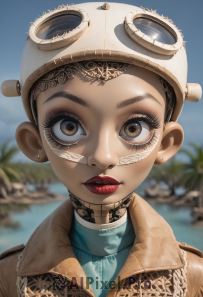 1girl,solo,looking at viewer,short hair,brown hair,brown eyes,jewelry,closed mouth,upper body,earrings,outdoors,sky,day,water,blurry,tree,blue sky,lips,eyelashes,makeup,depth of field,blurry background,facial mark,lipstick,goggles,portrait,goggles on head,brown jacket,realistic,nose,palm tree,red lips,stud earrings,straight-on,black hair,jacket,tattoo,expressionless,thick eyebrows,helmet,close-up,bandaid on face,eyeliner,facepaint,cyborg,leather jacket,mascara,dirty face,thick lips