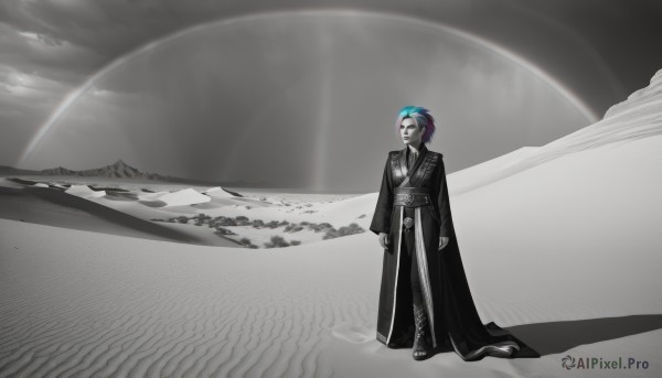 solo,short hair,long sleeves,1boy,blue hair,standing,monochrome,greyscale,male focus,multicolored hair,boots,outdoors,sky,belt,cloud,water,coat,glowing,spot color,arms at sides,mask,robe,planet