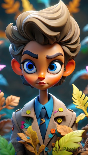 1girl,solo,looking at viewer,short hair,blue eyes,blonde hair,brown hair,shirt,1boy,closed mouth,jacket,upper body,flower,male focus,necktie,collared shirt,artist name,blurry,lips,buttons,blurry background,leaf,formal,thick eyebrows,suit,blue shirt,black necktie,freckles,blue necktie,badge,button badge,depth of field,blazer,aged down,spiked hair,child,grey jacket,female child,male child,medal,patch