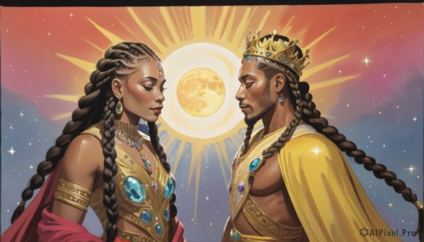 1girl,long hair,brown hair,black hair,1boy,jewelry,closed mouth,closed eyes,upper body,braid,earrings,sky,dark skin,necklace,cape,twin braids,from side,dark-skinned female,lips,profile,makeup,muscular,facial hair,siblings,moon,dark-skinned male,crown,gem,star (sky),beard,armlet,starry sky,twins,brother and sister,nose,sun,red cape,neck ring,gold,very dark skin,dreadlocks,gold armor,multiple braids,breasts,bare shoulders,very long hair,artist name,looking at another,facial mark,border,thick eyebrows,pectorals,full moon,eye contact,black border,red gemstone