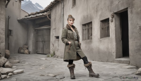 1girl,solo,looking at viewer,short hair,brown hair,long sleeves,jewelry,standing,jacket,full body,earrings,boots,outdoors,day,belt,pants,hair bun,lips,coat,fur trim,brown footwear,black pants,single hair bun,knee boots,building,scenery,cross-laced footwear,rock,hands in pockets,door,lace-up boots,red lips,ruins,house,grey coat,alley,pantyhose,open clothes,bag,black pantyhose,window,open coat,fur-trimmed boots,green coat