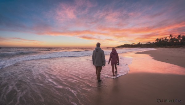 1girl, short hair, black hair, 1boy, outdoors, sky, cloud, hood, water, from behind, tree, holding hands, ocean, beach, scenery, walking, sunset, sand, shore, footprints