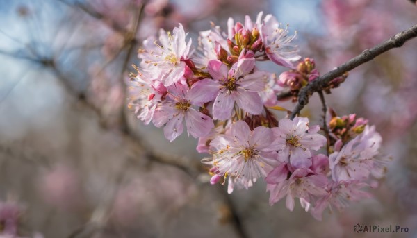 flower, outdoors, day, blurry, tree, no humans, depth of field, blurry background, white flower, cherry blossoms, scenery, pink flower, realistic, branch, still life