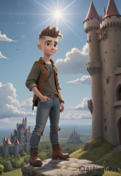 solo,looking at viewer,smile,brown hair,shirt,1boy,brown eyes,standing,full body,weapon,male focus,boots,outdoors,sky,day,belt,pants,artist name,cloud,signature,vest,blue sky,torn clothes,bird,brown footwear,sunlight,grass,denim,building,child,scenery,hand in pocket,jeans,sun,male child,leather,castle,torn pants,cliff,torn jeans,jacket,bag,tree,cloudy sky,spiked hair,rock,hands in pockets,fantasy,mohawk