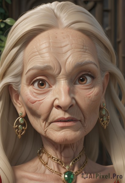 1girl,solo,long hair,looking at viewer,blonde hair,brown eyes,jewelry,collarbone,white hair,earrings,parted lips,necklace,blurry,lips,blurry background,gem,portrait,close-up,freckles,veins,realistic,old,old woman,wrinkled skin