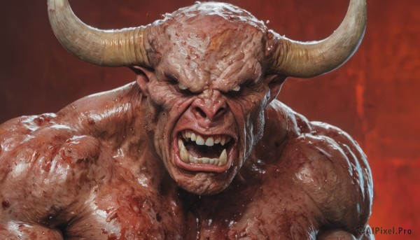 solo,looking at viewer,open mouth,1boy,upper body,male focus,horns,teeth,pointy ears,blood,muscular,colored skin,fangs,red background,veins,realistic,bald,tongue,shiny,tongue out,shiny skin,muscular male,portrait,no pupils,tusks