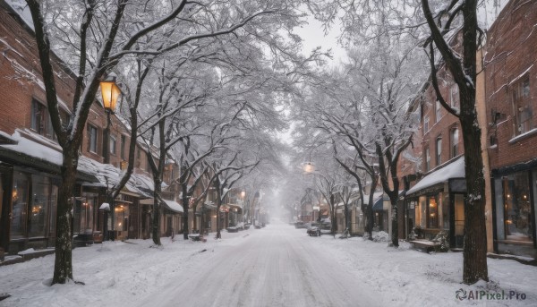 outdoors, tree, dutch angle, no humans, window, building, scenery, snow, snowing, fence, road, house, winter, lamppost, bare tree, street