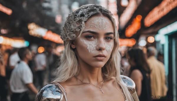 1girl,long hair,looking at viewer,blonde hair,jewelry,closed mouth,collarbone,upper body,solo focus,necklace,armor,blurry,black eyes,lips,grey eyes,depth of field,blurry background,shoulder armor,portrait,pauldrons,realistic,nose,crowd,multiple girls,dress,multiple boys,expressionless