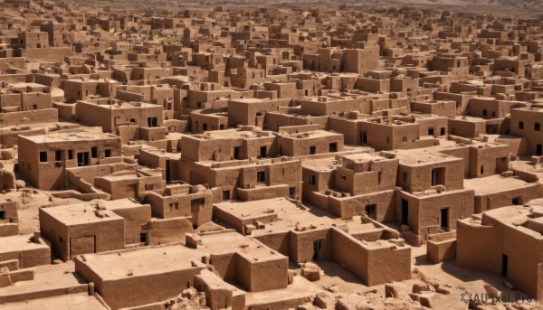 monochrome,outdoors,no humans,building,box,scenery,city,cityscape,sepia,brown theme,rock,sand,ruins,cardboard box