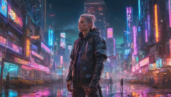 1girl, jacket, white hair, outdoors, sky, solo focus, night, ground vehicle, building, scenery, motor vehicle, reflection, science fiction, city, realistic, car, cyberpunk, neon lights