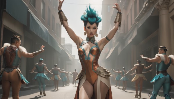 1girl,breasts,looking at viewer,short hair,multiple girls,black hair,cleavage,bare shoulders,jewelry,medium breasts,blue hair,ass,earrings,outdoors,multiple boys,solo focus,pants,armpits,from behind,armor,arms up,leotard,lips,fingernails,clothing cutout,aqua hair,makeup,cleavage cutout,outstretched arms,lipstick,building,armlet,eyeshadow,walking,6+boys,realistic,nose,vambraces,red lips,bracer,dancing,crowd,updo,orange leotard,blue eyes,green hair,shadow,hoop earrings,hair up,mohawk,afro,people