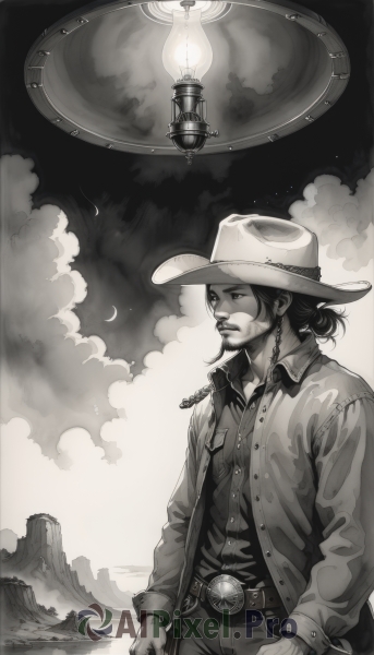 solo,shirt,long sleeves,1boy,hat,jewelry,closed mouth,standing,jacket,monochrome,greyscale,male focus,cowboy shot,earrings,open clothes,sky,collared shirt,belt,pants,cloud,hair bun,open jacket,buttons,facial hair,moon,cloudy sky,beard,buckle,belt buckle,mustache,candle,night,single hair bun,lantern,mountain,goatee,crescent moon,cowboy hat,cowboy western