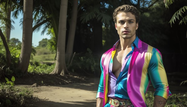 HQ,solo,looking at viewer,brown hair,shirt,1boy,brown eyes,jacket,upper body,male focus,outdoors,open clothes,day,belt,dark skin,vest,tree,lips,open shirt,facial hair,nature,multicolored clothes,sleeves rolled up,forest,realistic,nose,partially unbuttoned,short hair,sky,collared shirt,sunlight,blue shirt,curly hair,palm tree,purple shirt,multicolored shirt