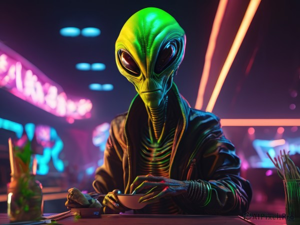 solo,looking at viewer,gloves,1boy,holding,jacket,upper body,male focus,food,open clothes,hood,blurry,black jacket,hoodie,blurry background,colored skin,eating,table,bowl,chopsticks,green skin,holding chopsticks,noodles,alien,restaurant,neon lights,no humans