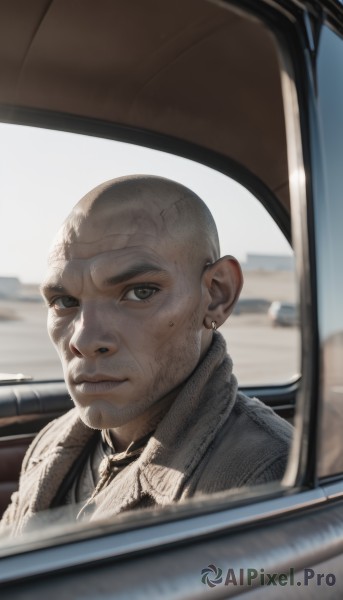 solo,looking at viewer,smile,shirt,1boy,jewelry,closed mouth,jacket,male focus,earrings,necktie,mole,blurry,black eyes,grey eyes,mole under eye,blurry background,facial hair,ground vehicle,portrait,motor vehicle,realistic,car,bald,old,old man,driving,car interior,wrinkled skin,brown eyes,sweat,day,collared shirt,thick eyebrows,steering wheel