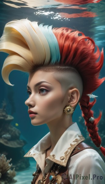 1girl,solo,long hair,blue eyes,blonde hair,shirt,hair ornament,jewelry,upper body,braid,red hair,multicolored hair,earrings,parted lips,artist name,water,necklace,blurry,vest,from side,two-tone hair,lips,eyelashes,single braid,makeup,looking away,lipstick,gem,bubble,braided ponytail,underwater,realistic,nose,red lips,mascara,blue hair,collared shirt,blurry background,portrait,asymmetrical hair,shell,mohawk,coral