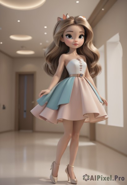 1girl,solo,long hair,breasts,looking at viewer,blush,smile,brown hair,dress,bow,bare shoulders,brown eyes,jewelry,closed mouth,standing,collarbone,full body,hair bow,small breasts,shoes,belt,artist name,indoors,white dress,blurry,high heels,lips,see-through,bare arms,window,strapless,makeup,depth of field,blurry background,white footwear,strapless dress,forehead,arms at sides,red lips,hallway,hair ornament,pantyhose,child,female child