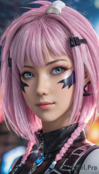 1girl,solo,looking at viewer,smile,short hair,bangs,blue eyes,hair ornament,jewelry,closed mouth,upper body,pink hair,braid,earrings,artist name,necklace,blurry,twin braids,lips,eyelashes,bodysuit,makeup,blurry background,facial mark,portrait,zipper,pink lips,realistic,nose,facial tattoo,long hair,hairclip,turtleneck,eyeshadow,eyeliner,mascara