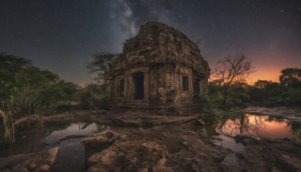 outdoors,sky,water,tree,no humans,window,night,grass,building,star (sky),nature,night sky,scenery,starry sky,reflection,sunset,rock,ruins,house,bare tree,river,plant