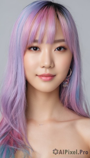 1girl,solo,long hair,breasts,looking at viewer,smile,bangs,simple background,brown eyes,jewelry,closed mouth,blue hair,collarbone,upper body,pink hair,purple hair,nude,multicolored hair,earrings,grey background,black eyes,two-tone hair,lips,gradient hair,makeup,portrait,realistic,black hair,blunt bangs,eyelashes,piercing