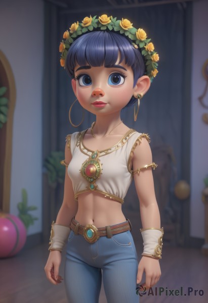 1girl,solo,breasts,looking at viewer,short hair,bangs,blue eyes,shirt,black hair,hair ornament,navel,jewelry,closed mouth,blue hair,standing,collarbone,white shirt,flower,cowboy shot,earrings,small breasts,sleeveless,midriff,belt,pants,indoors,hair flower,blunt bangs,necklace,blurry,flat chest,lips,crop top,sleeveless shirt,makeup,blurry background,piercing,tank top,denim,lipstick,gem,child,armlet,freckles,jeans,hoop earrings,yellow flower,nose,arms at sides,blue pants,red lips,female child,bracer,head wreath,blush,wrist cuffs,plant,gold,wreath