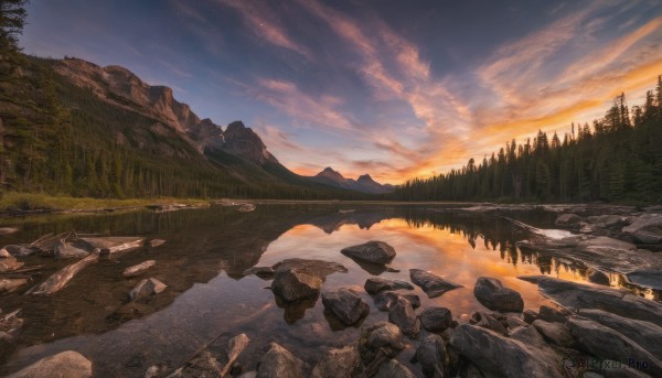 outdoors,sky,day,cloud,water,tree,blue sky,no humans,sunlight,cloudy sky,grass,nature,scenery,forest,reflection,sunset,rock,mountain,river,evening,landscape,lake,star (sky),road,twilight,mountainous horizon,reflective water