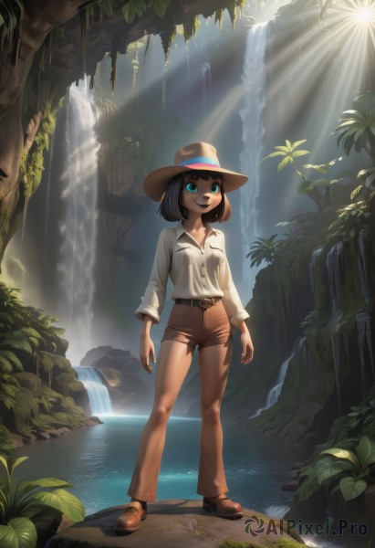 1girl,solo,breasts,smile,short hair,open mouth,bangs,blue eyes,brown hair,shirt,black hair,long sleeves,hat,standing,full body,white shirt,:d,earrings,small breasts,outdoors,shoes,teeth,day,collared shirt,belt,pants,water,aqua eyes,tree,dress shirt,leaf,brown footwear,sunlight,plant,nature,scenery,buckle,forest,black belt,light rays,rock,belt buckle,arms at sides,brown headwear,sunbeam,brown pants,river,waterfall,cliff,high-waist pants,collarbone,shorts,medium hair,short shorts,buttons,upper teeth only,pocket,shirt tucked in,brown shorts,moss