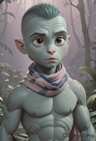 solo,looking at viewer,blush,short hair,1boy,navel,brown eyes,closed mouth,nipples,upper body,male focus,outdoors,green hair,pointy ears,artist name,scarf,tree,muscular,colored skin,abs,pectorals,plant,muscular male,nature,bara,forest,topless male,realistic,scales,male child,green skin,grey skin,monster boy,mohawk,yellow eyes,lips,leaf