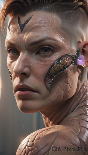 1girl,solo,looking at viewer,short hair,brown hair,1boy,brown eyes,male focus,parted lips,teeth,blurry,lips,blurry background,portrait,close-up,science fiction,veins,realistic,nose,android,cyborg,alien,cyberpunk,eyelashes,tattoo,scales,very short hair,power armor