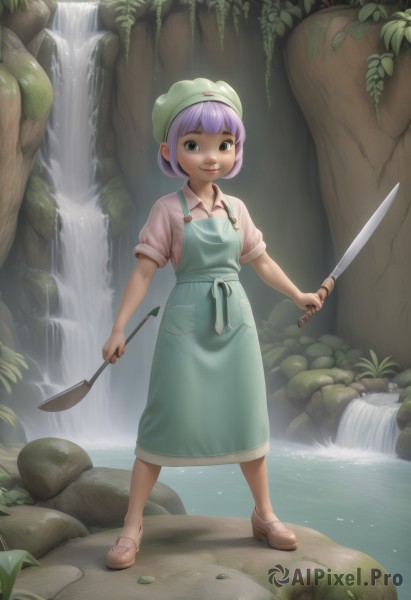 1girl,solo,looking at viewer,smile,short hair,bangs,skirt,shirt,hat,holding,green eyes,standing,full body,purple hair,short sleeves,outdoors,shoes,collared shirt,artist name,water,black eyes,apron,tree,lips,leaf,brown footwear,knife,plant,nature,forest,dual wielding,pocket,pink shirt,rock,green headwear,holding knife,waterfall,stream,puffy sleeves,light purple hair,ladle,frying pan,spatula